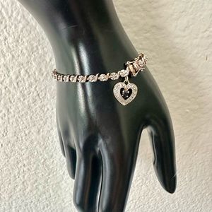 Sterling Tennis bracelet: Flower Link Silver Bracelet with Studded Open Heart Ch